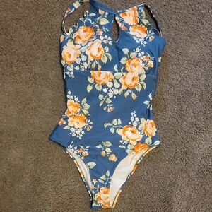 Cupshe Blue and Orange One Piece Swimsuit Floral Design